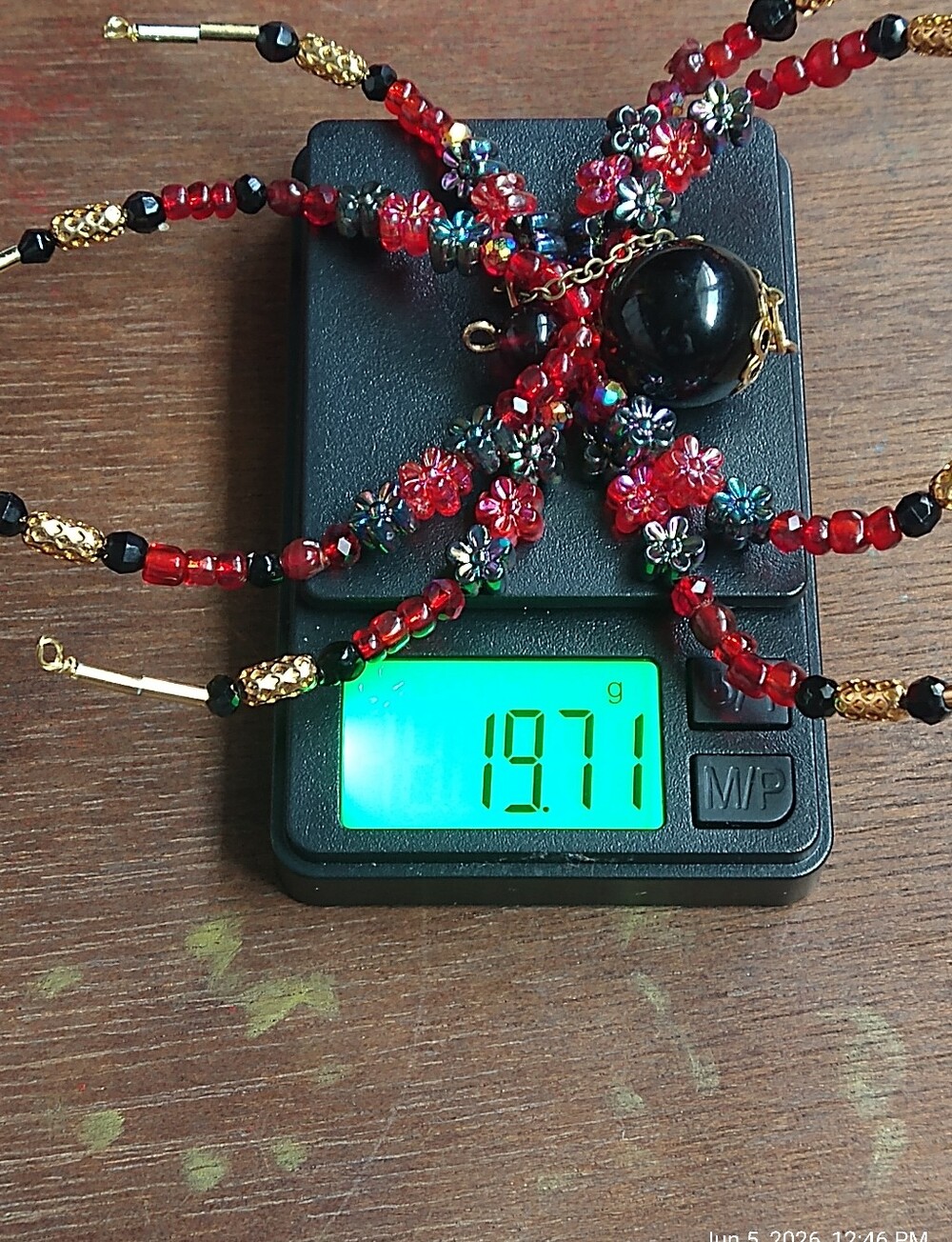 Hand Crafted • Red & Black Floral Beaded Spider Pendant - Picture 4 of 16